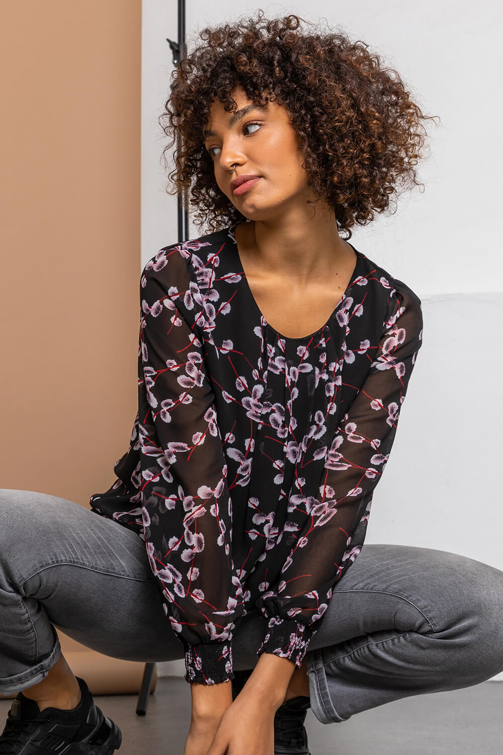 Black Floral Print Pleated Neck Top, Image 5 of 5
