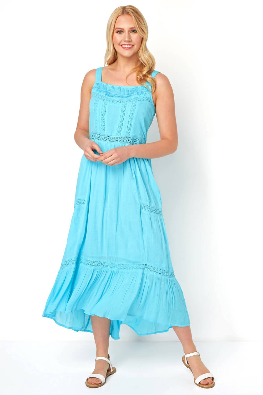 Ladder Lace Tiered Maxi Dress in Turquoise - Roman Originals UK