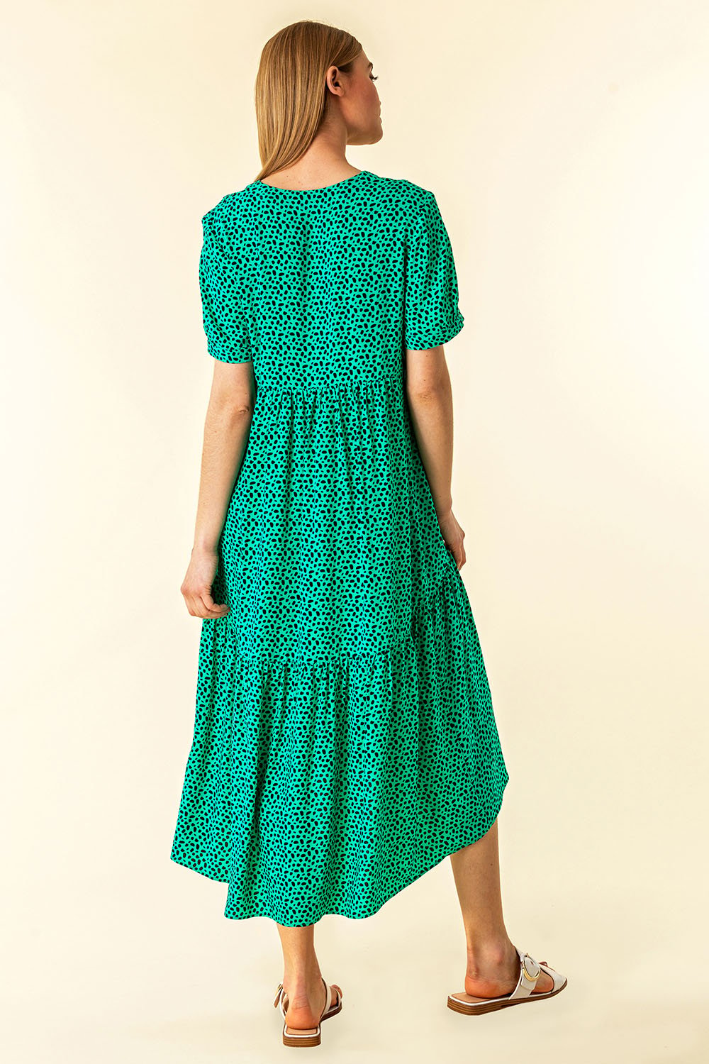 Green Spot Print Tiered Midi Dress, Image 2 of 4
