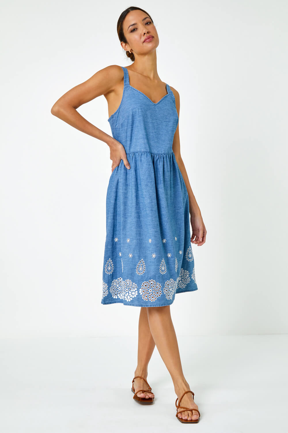 Denim Sleeveless Cotton Embroidered Midi Dress, Image 2 of 5