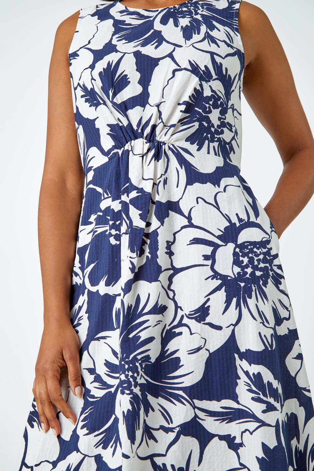 Navy  Sleeveless Cotton Blend Floral Midi Dress, Image 5 of 5