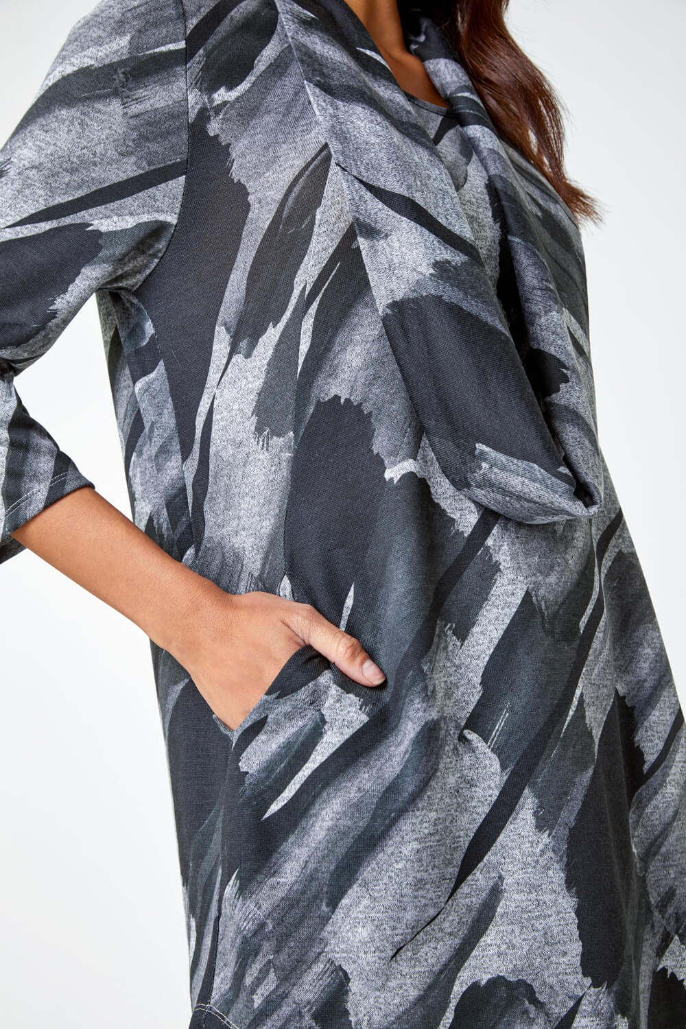 Charcoal Abstract Print Pocket Top with Snood, Image 5 of 5