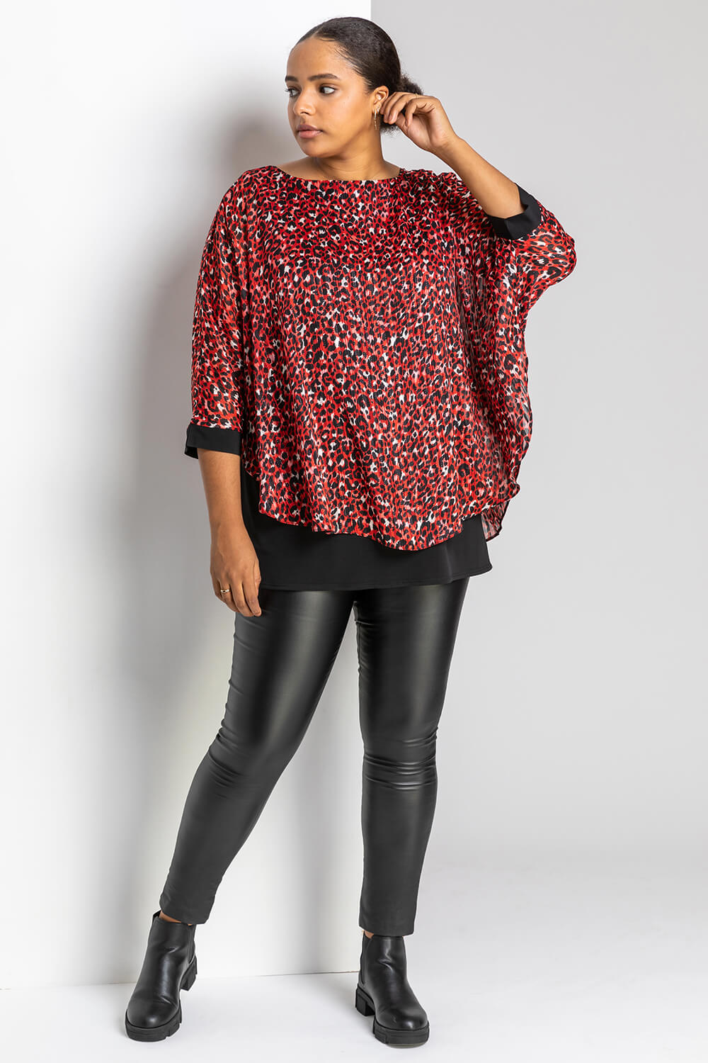 Red Curve Animal Print Overlay Top, Image 3 of 5