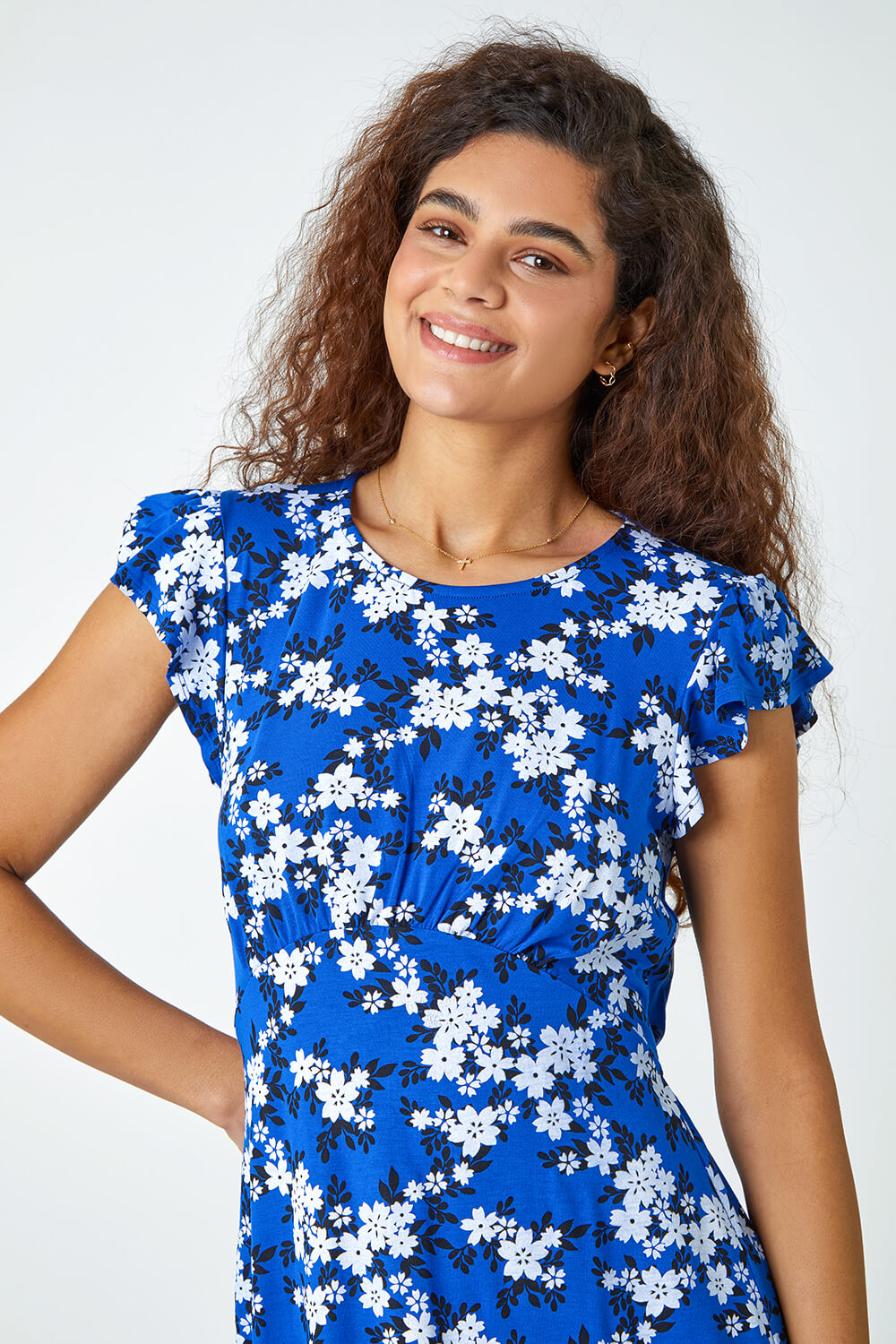 Royal Blue Floral Print Frill Sleeve Stretch Dress, Image 4 of 5