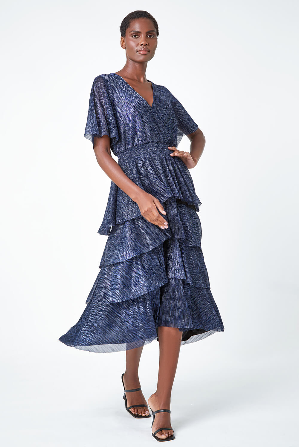 Midnight Blue Shimmer Tiered Midi Dress, Image 1 of 5