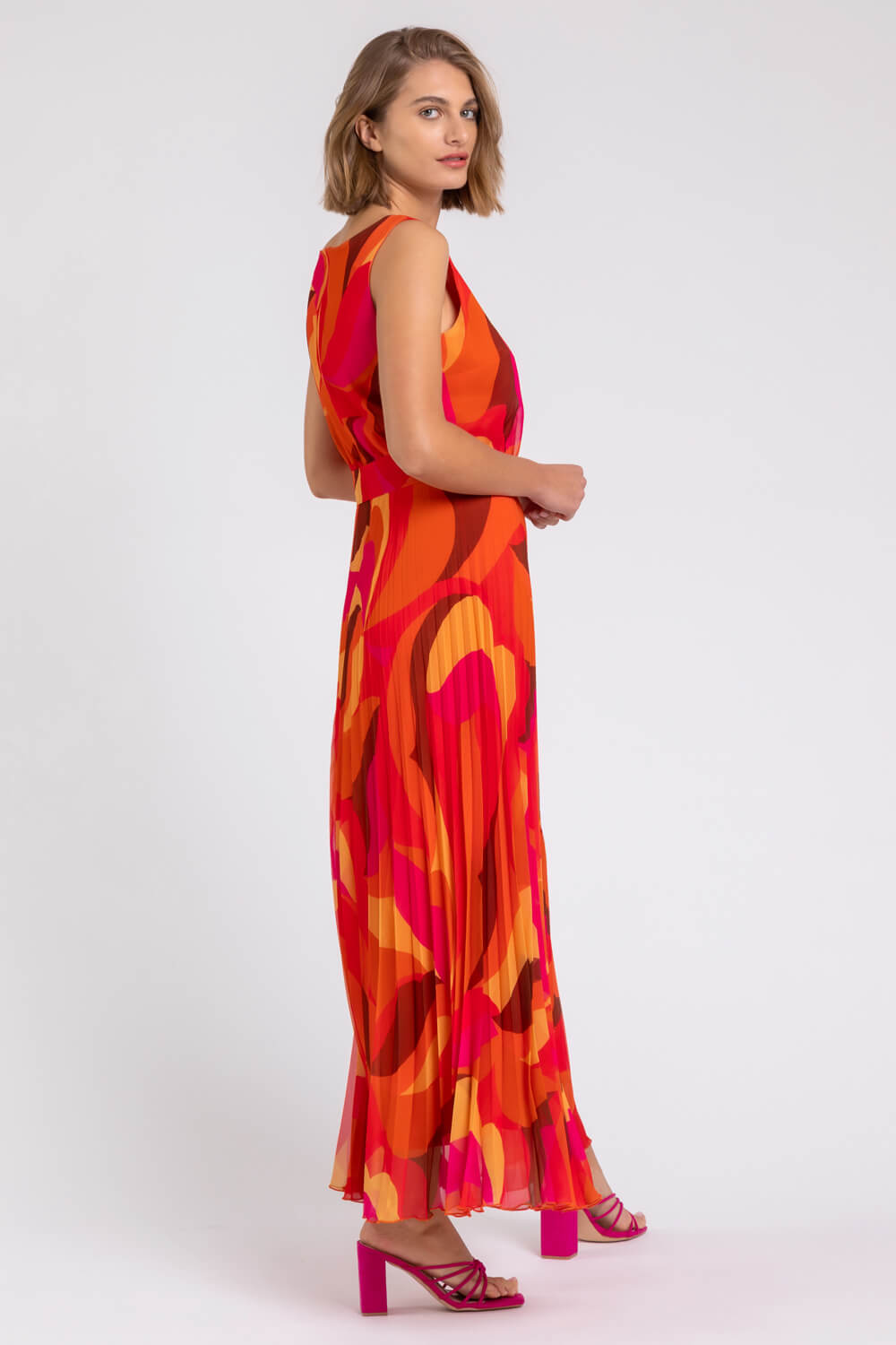 ORANGE Abstract Print Pleated Maxi Dress, Image 2 of 5