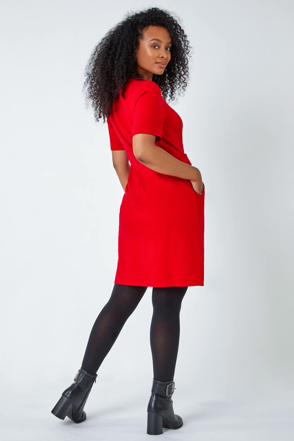 Red Petite Belted Shift Stretch Dress, Image 3 of 5