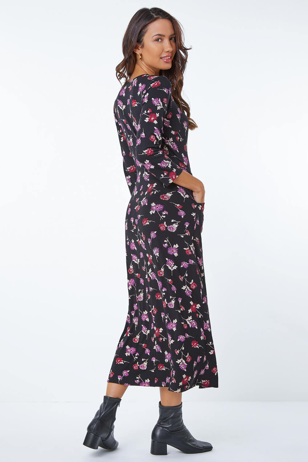 Floral Print Pocket Detail Midi Dress in Black - Roman Originals UK