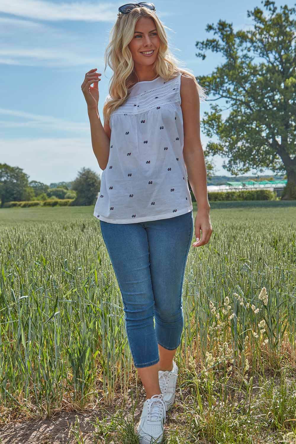 Anchor Embroidered Round Neck Shell Top in Ivory - Roman Originals UK
