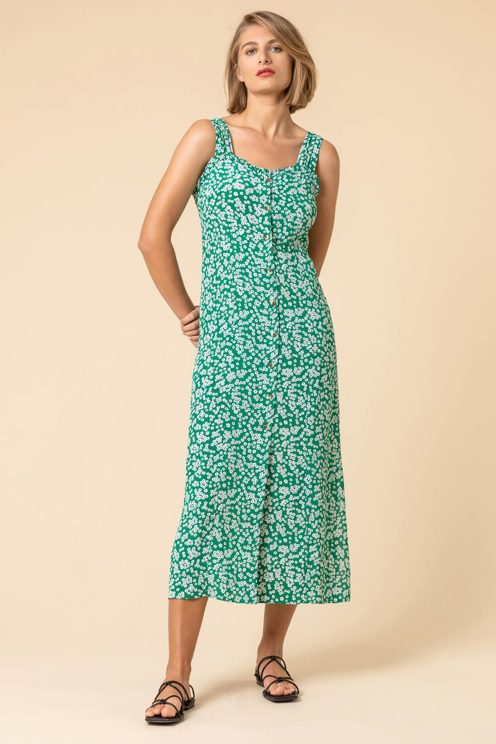 Green Ditsy Floral Button Through Dress, Image 3 of 5