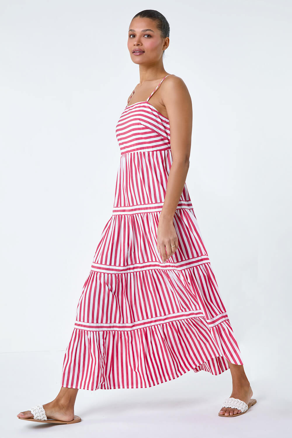 Red Sleeveless Stripe Tiered Cotton Maxi Dress, Image 2 of 5