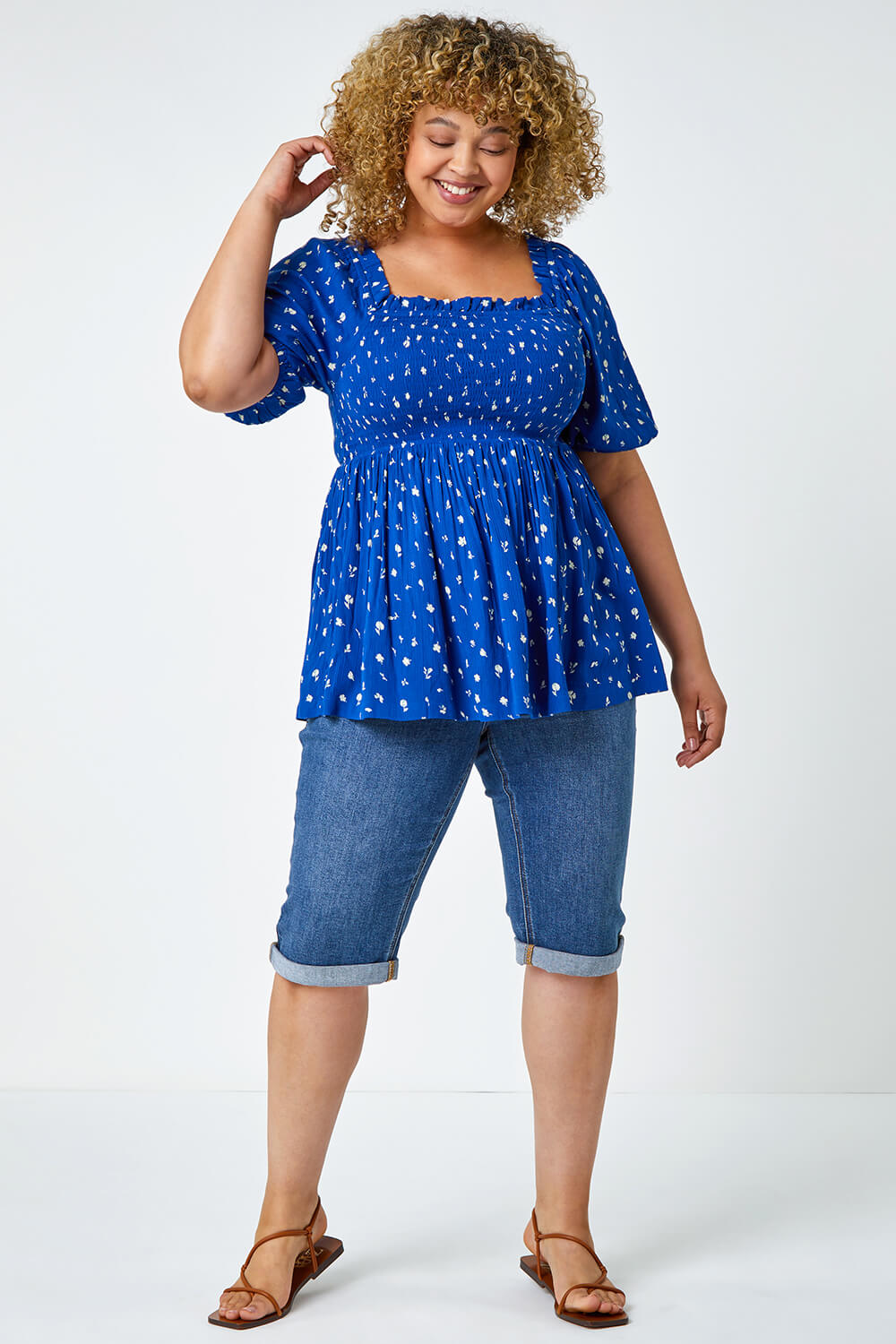 Blue Curve Ditsy Floral Shirred Stretch Top, Image 4 of 5