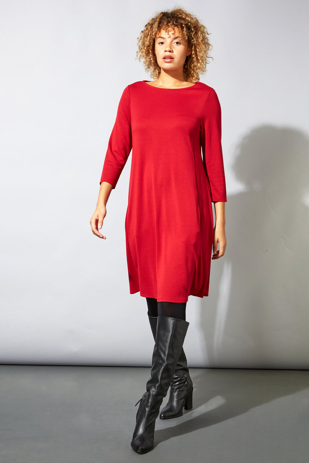 Red A-Line Pocket Detail Swing Dress, Image 3 of 4