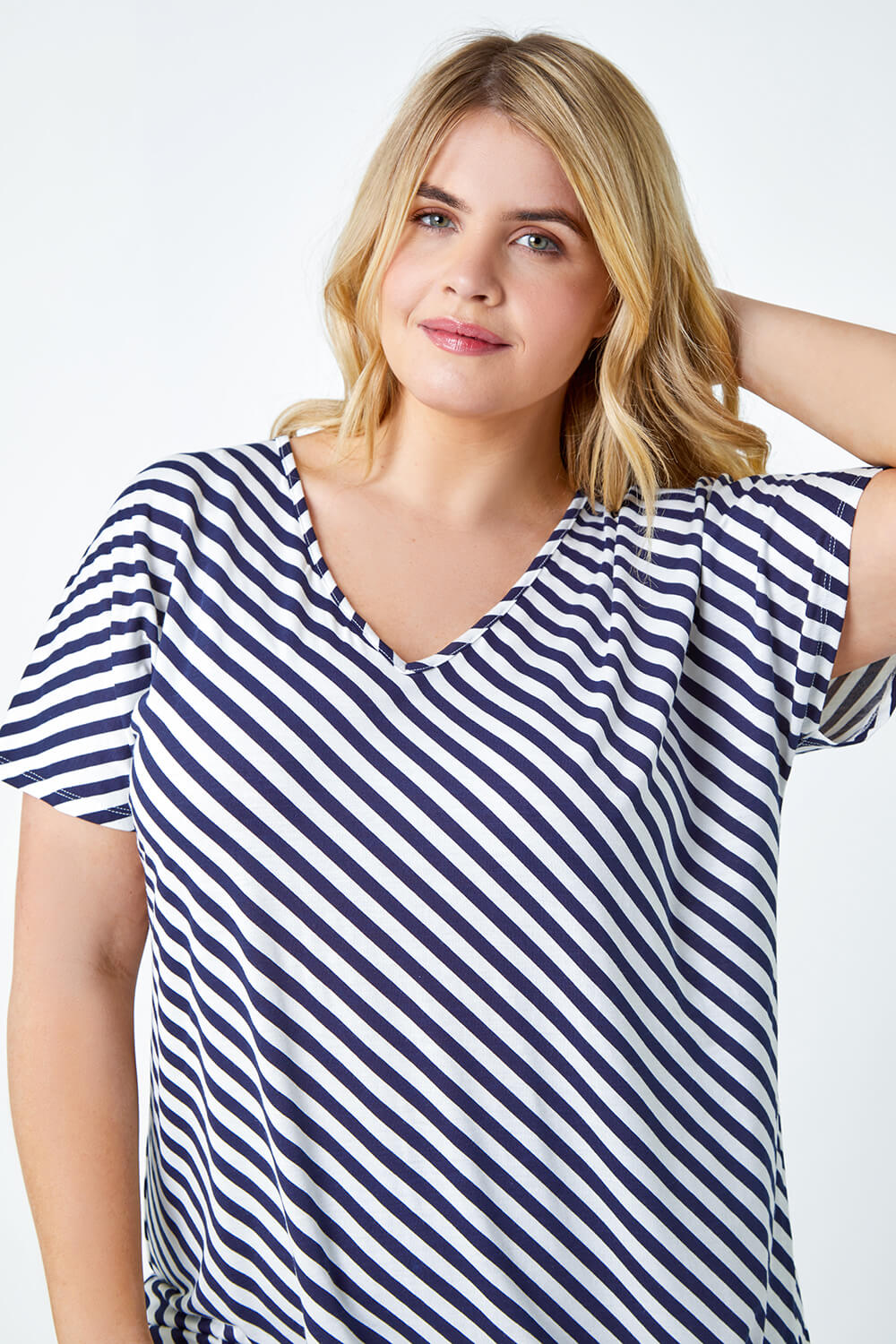 Navy  Curve Stripe Side Tie Stretch Top, Image 4 of 5