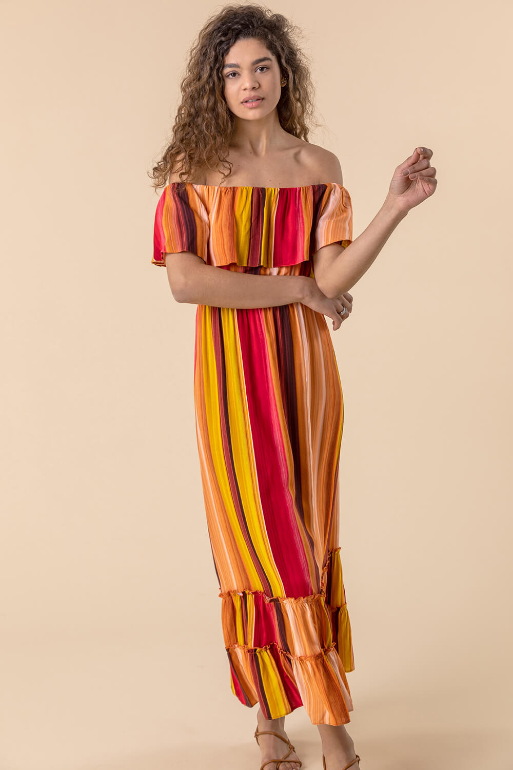 Multi  Striped Ruffle Bardot Maxi Dress, Image 3 of 5