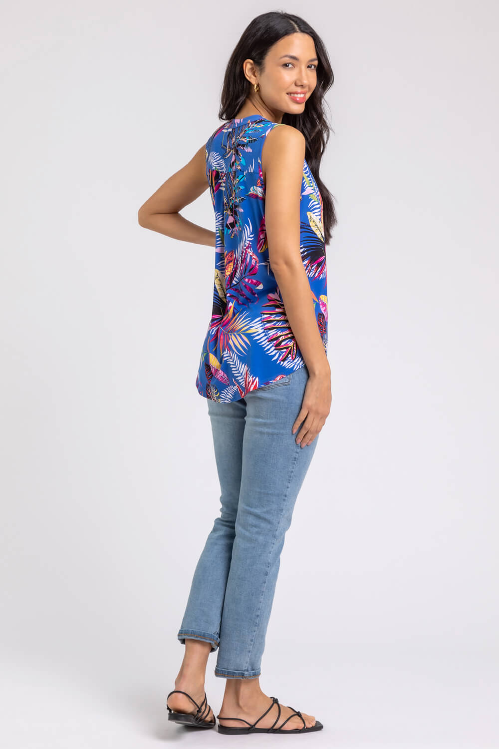 Royal Blue Tropical Print Stretch Jersey Top, Image 2 of 5