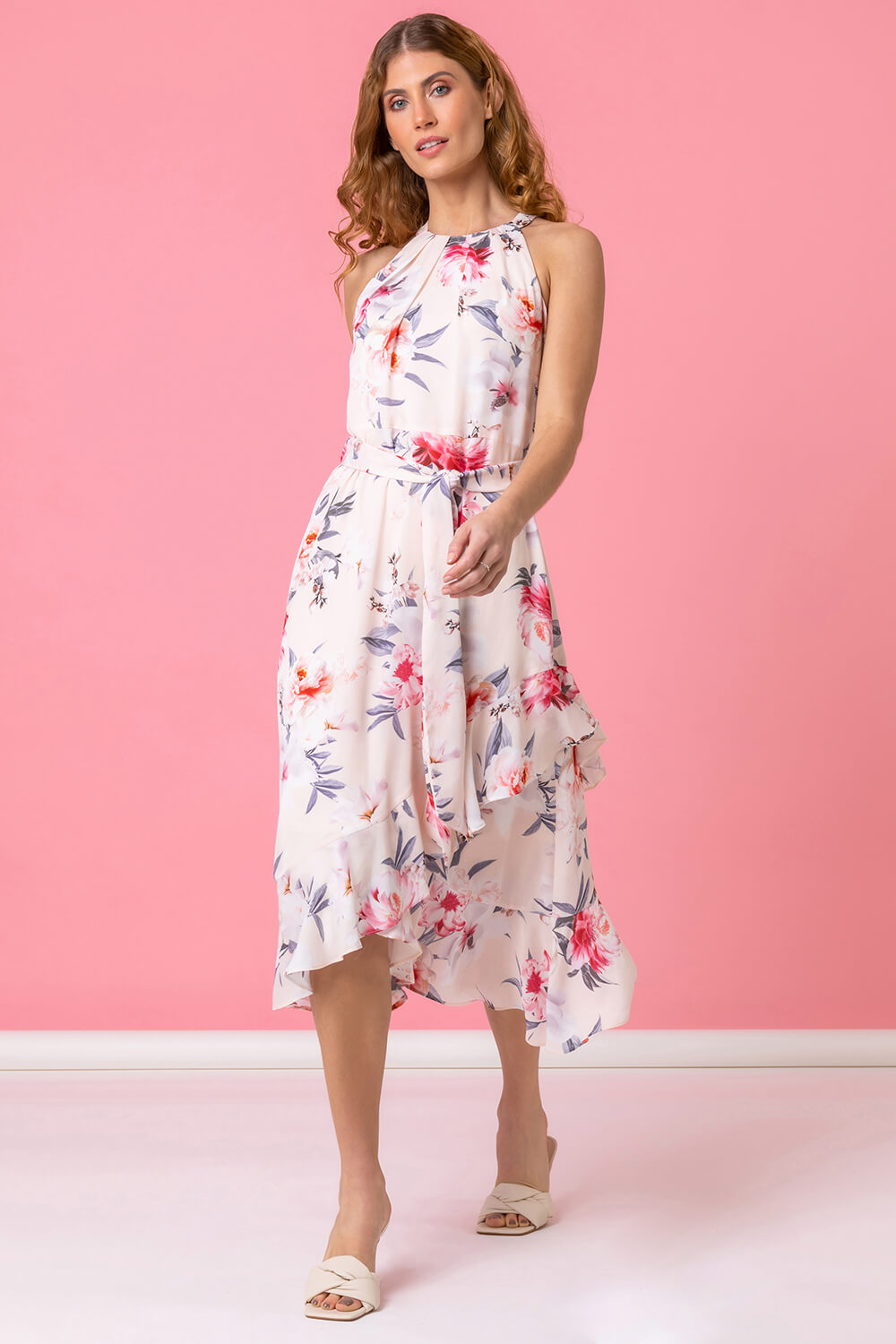 Light Pink Floral Asymmetric Belted Midi Dress, Image 3 of 4