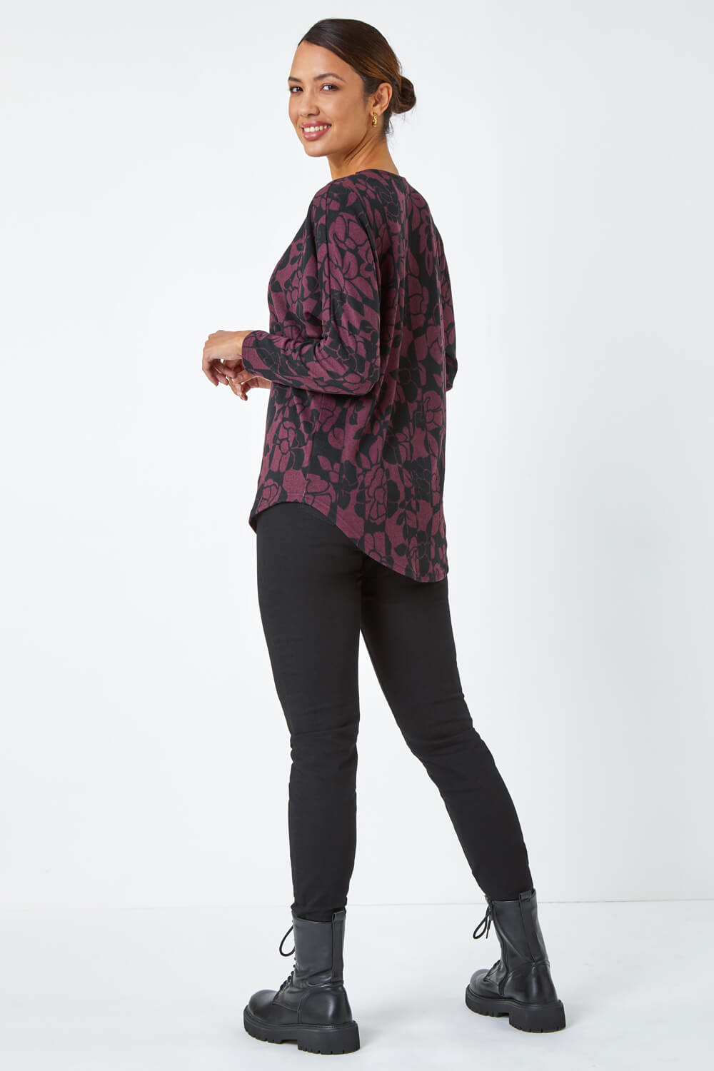 Burgundy Floral Stretch Jersey Zip Detail Top, Image 3 of 5