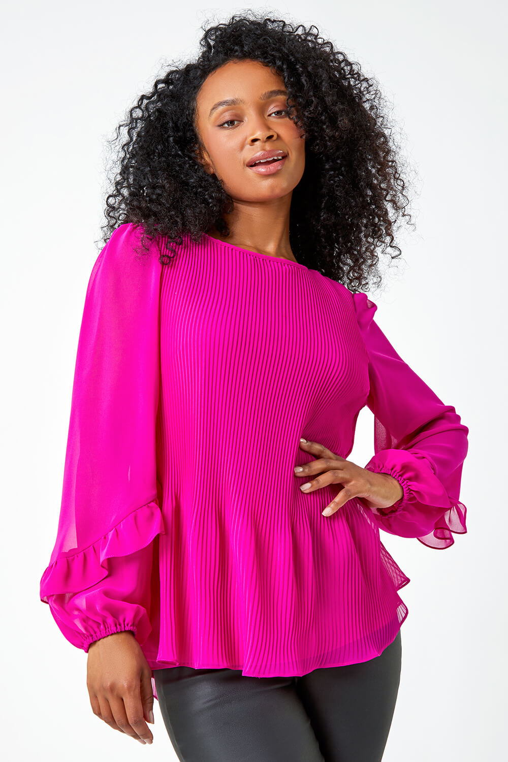 Fuchsia Petite Pleated Frill Detail Top, Image 4 of 6