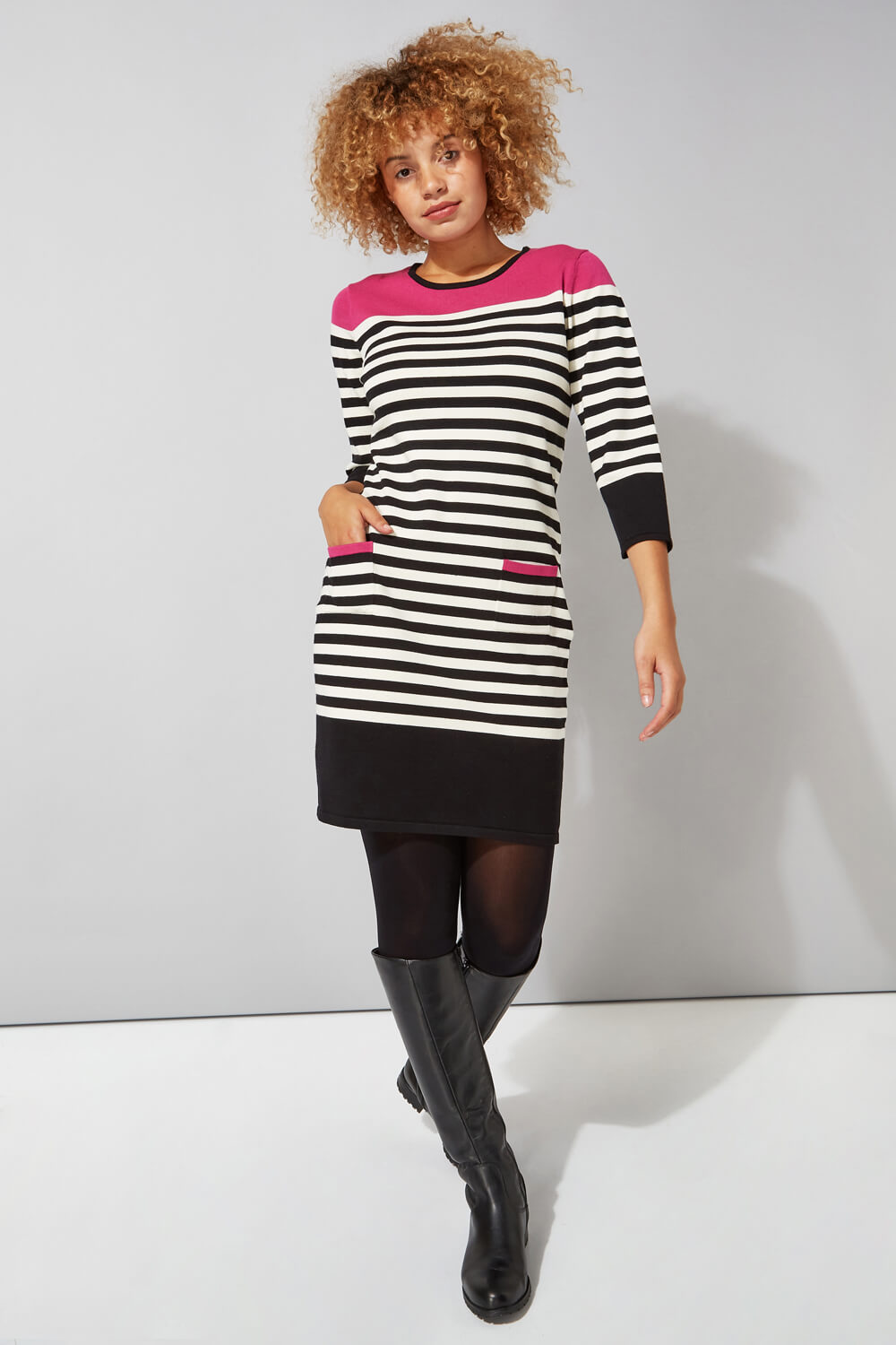 Fuchsia Stripe Pocket Knitted Shift Dress, Image 2 of 4
