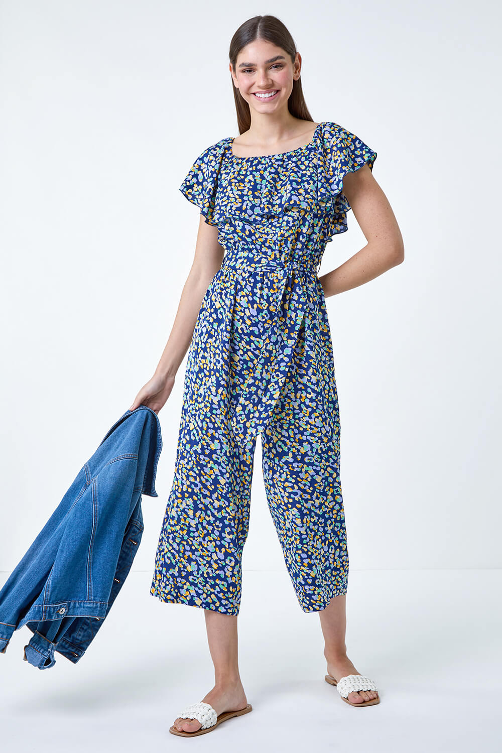 Navy  Animal Print Belted Jumpsuit, Image 2 of 5