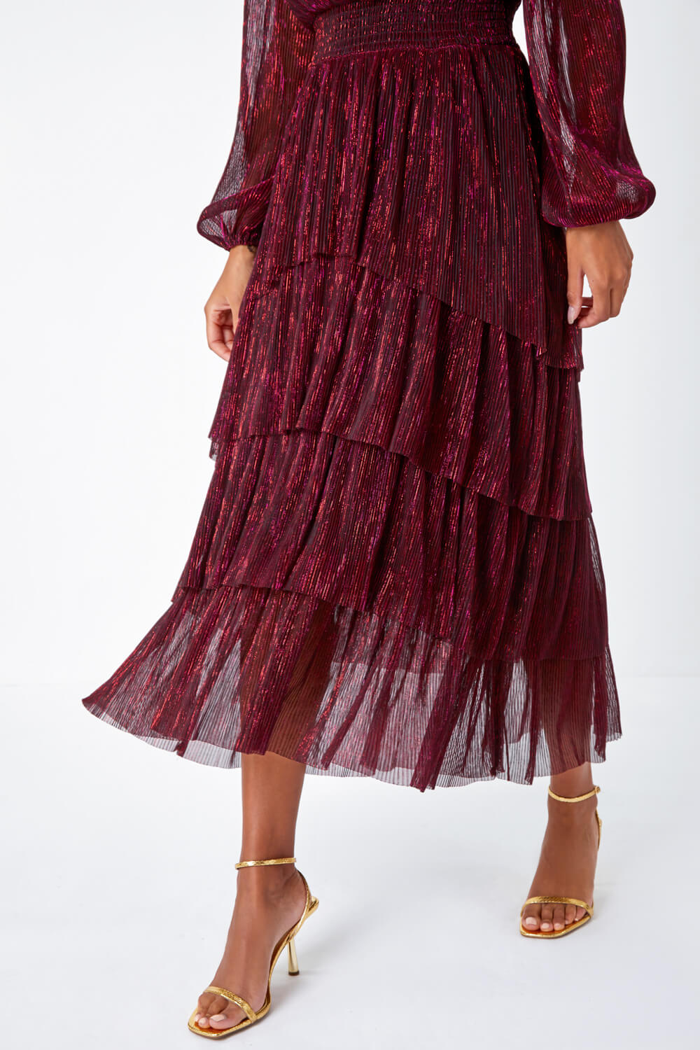 Wine Metallic Shirred Waist Tiered Midi Stretch Dress, Image 5 of 5