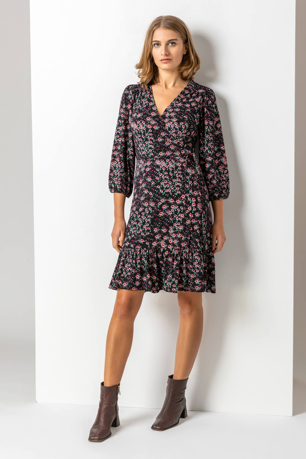 Ditsy Floral Print Frilled Wrap Dress ...