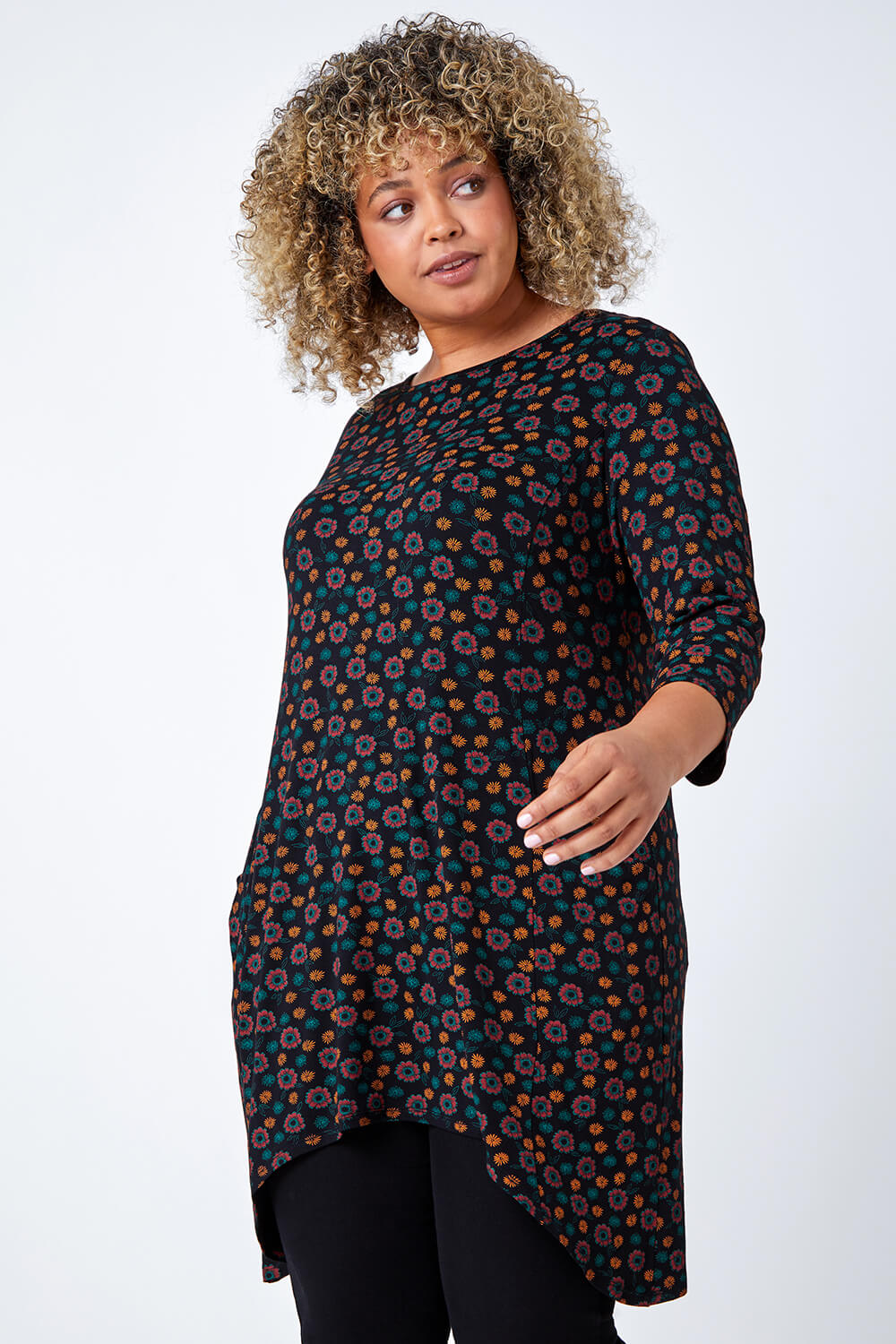 Rust Curve Floral Pocket Detail Stretch Tunic Top, Image 4 of 5