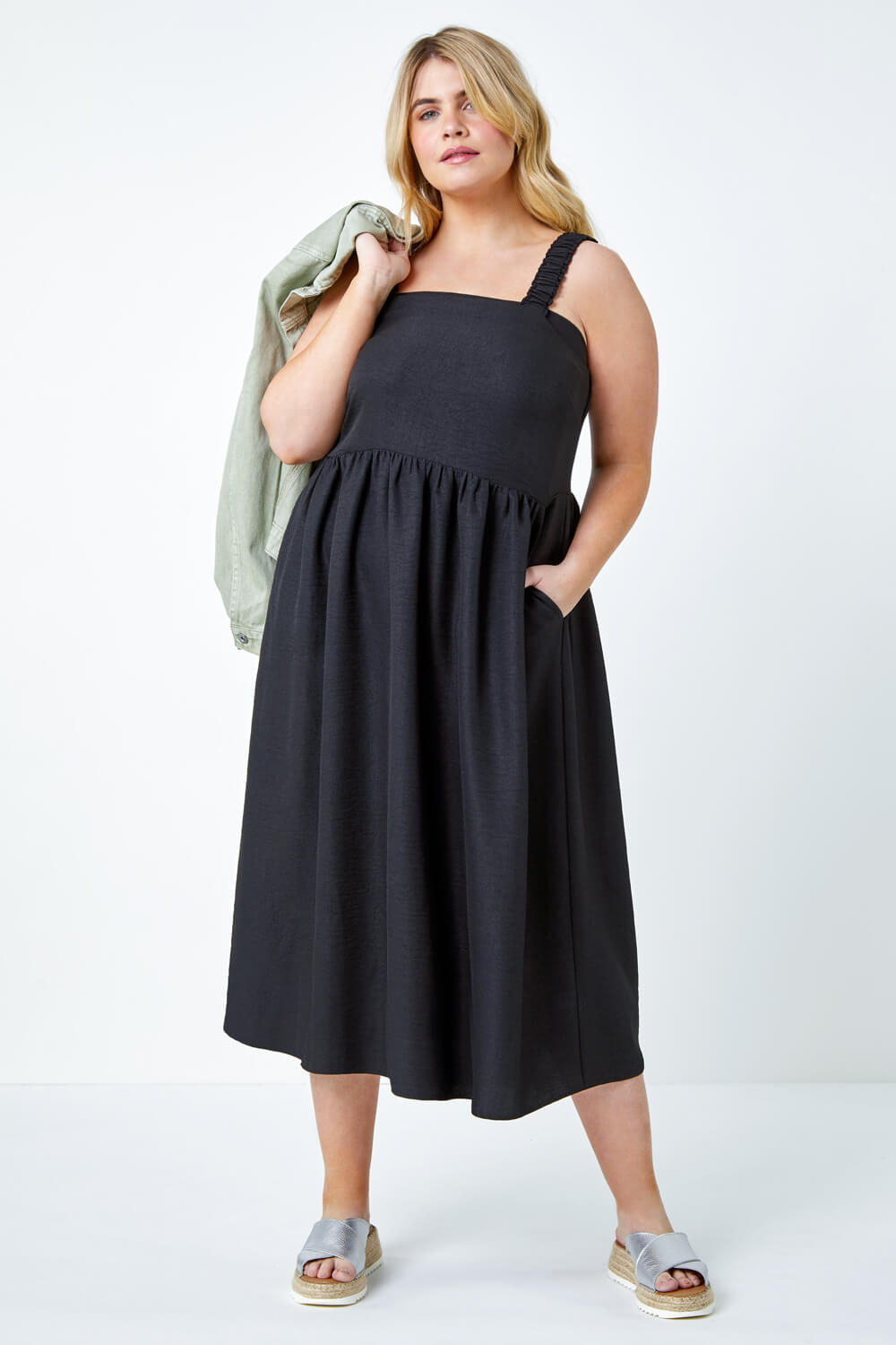 Black Curve Linen Look Ruched Midi Dress | Roman UK