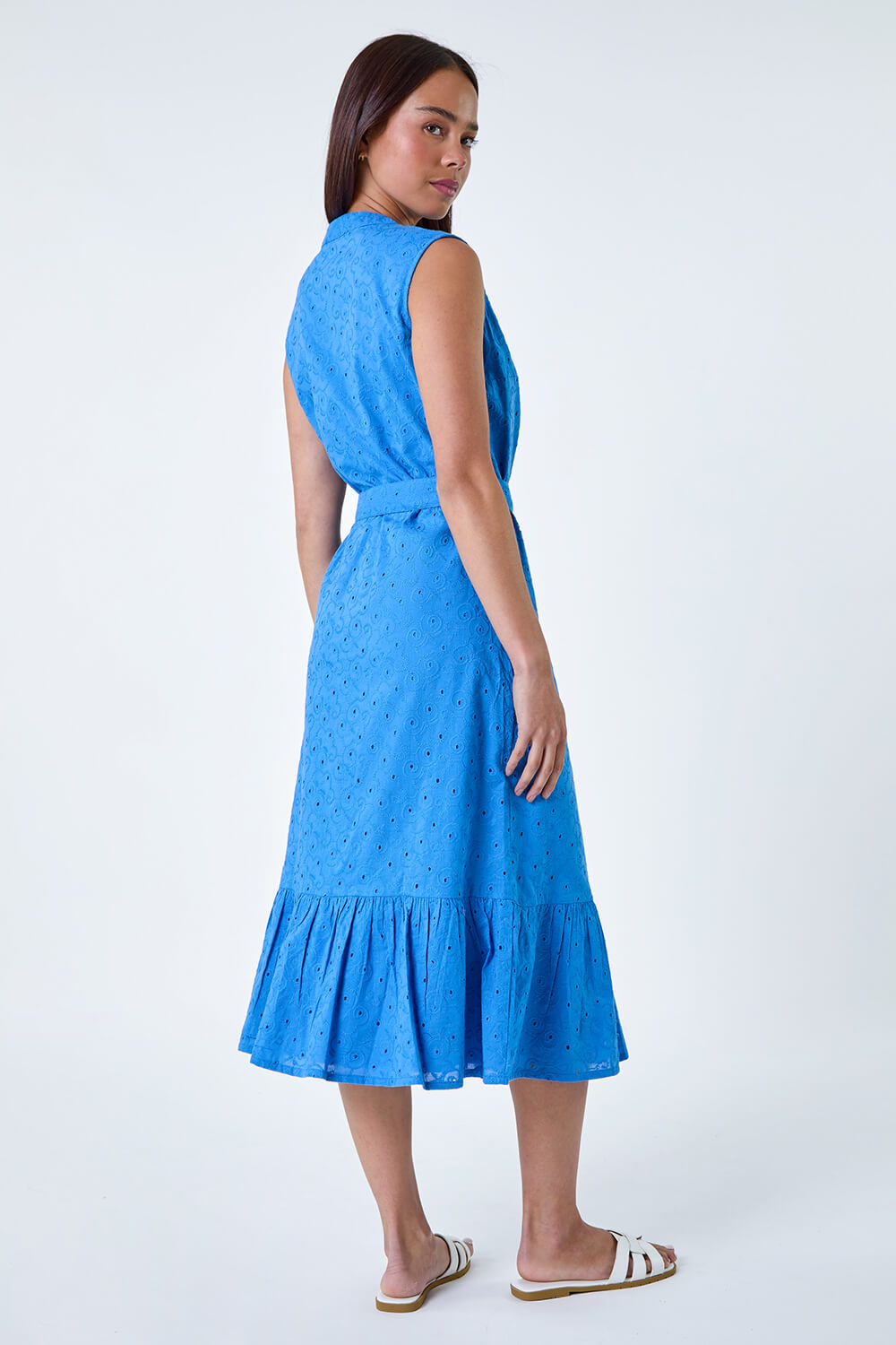 Blue Petite Cotton Broderie Frill Midi Dress, Image 3 of 5