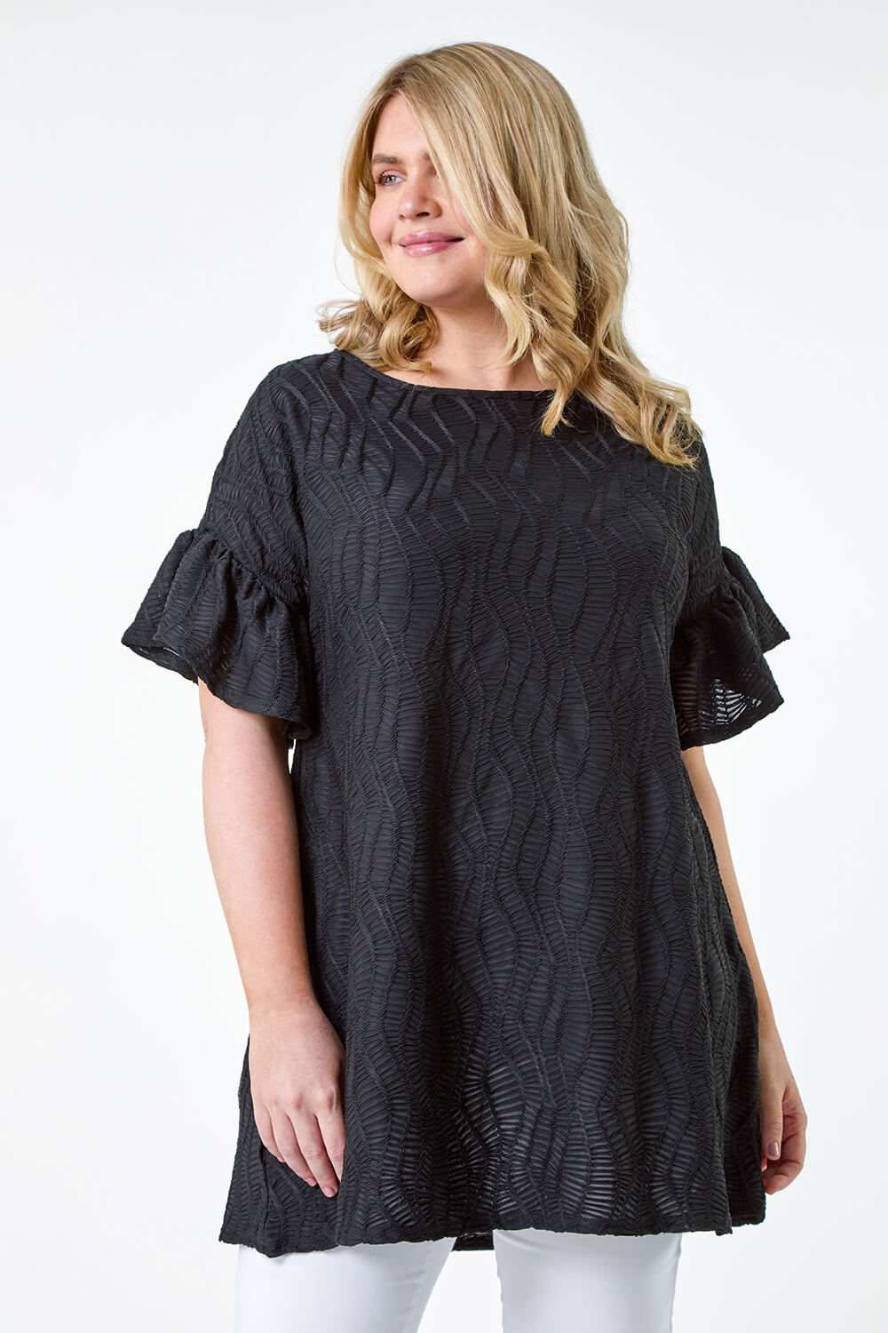Black Curve Textured Frill Detail Stretch T-Shirt, Image 4 of 5