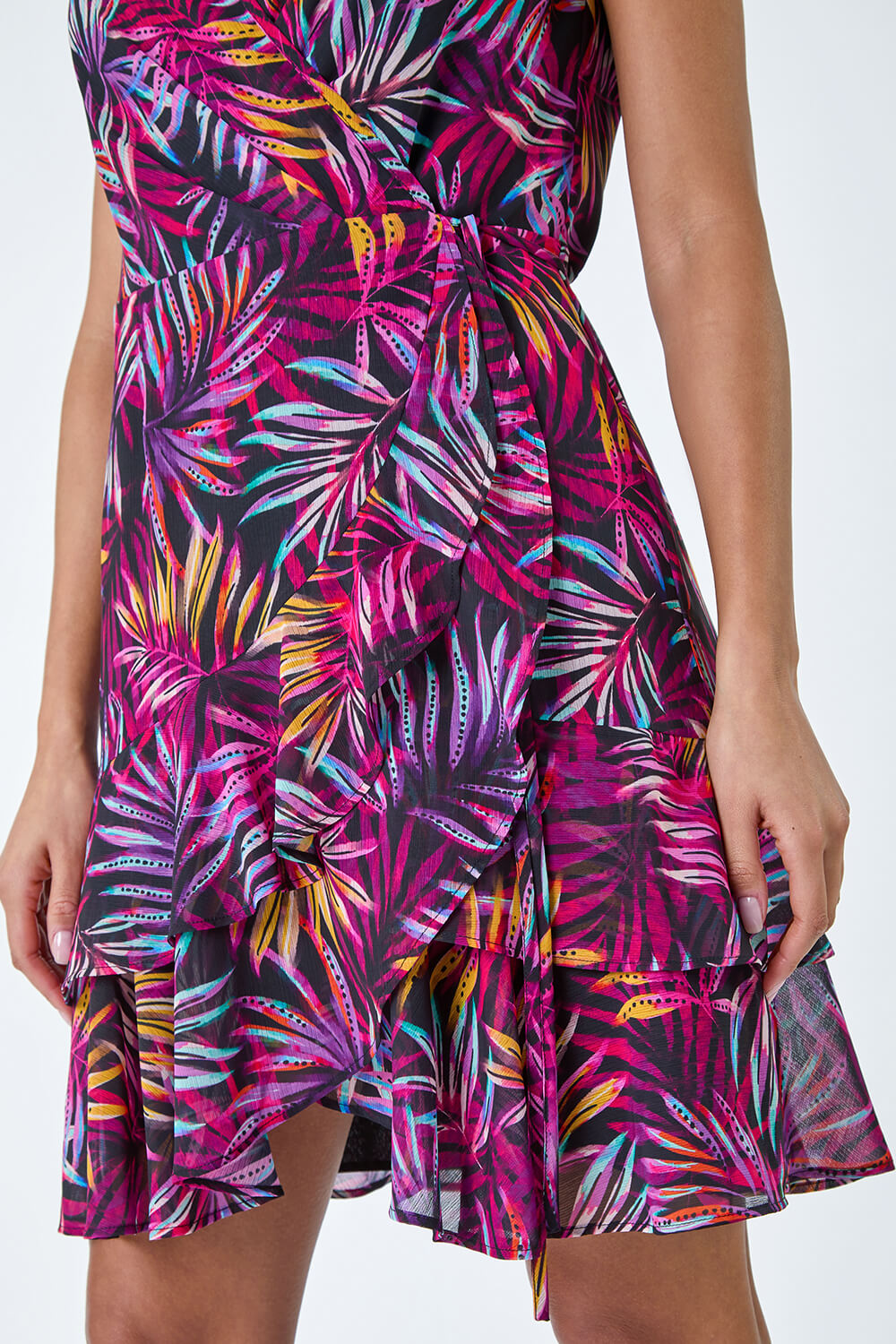 Purple Tropical Leaf Print Frill Wrap Dress, Image 5 of 5