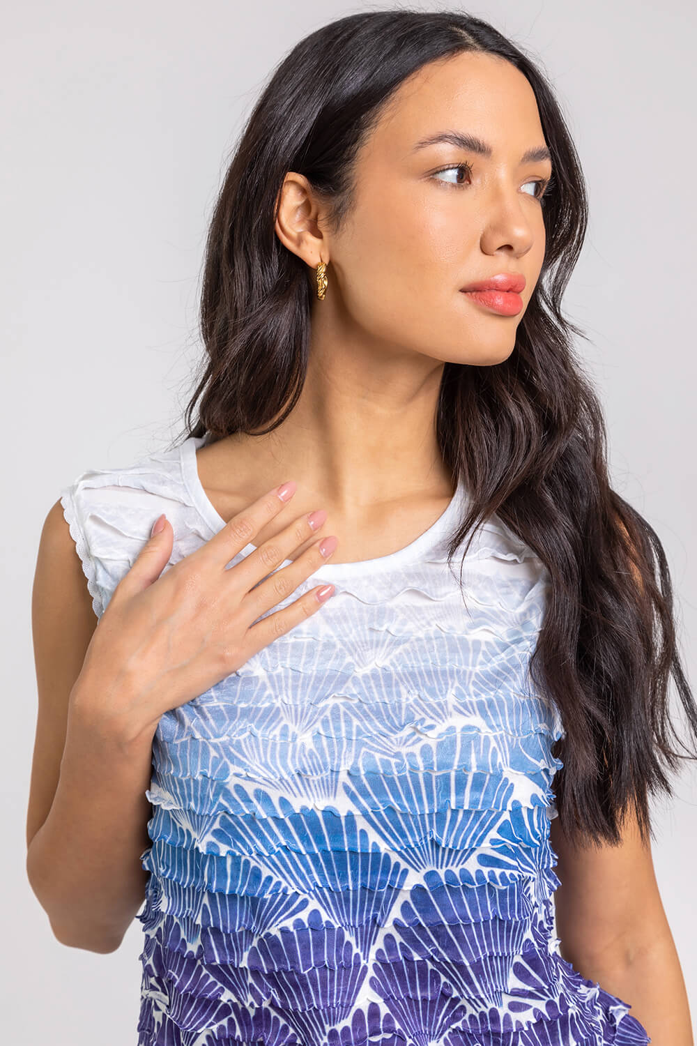 Blue Ombre Shell Print Ruffle Detail Top, Image 4 of 4