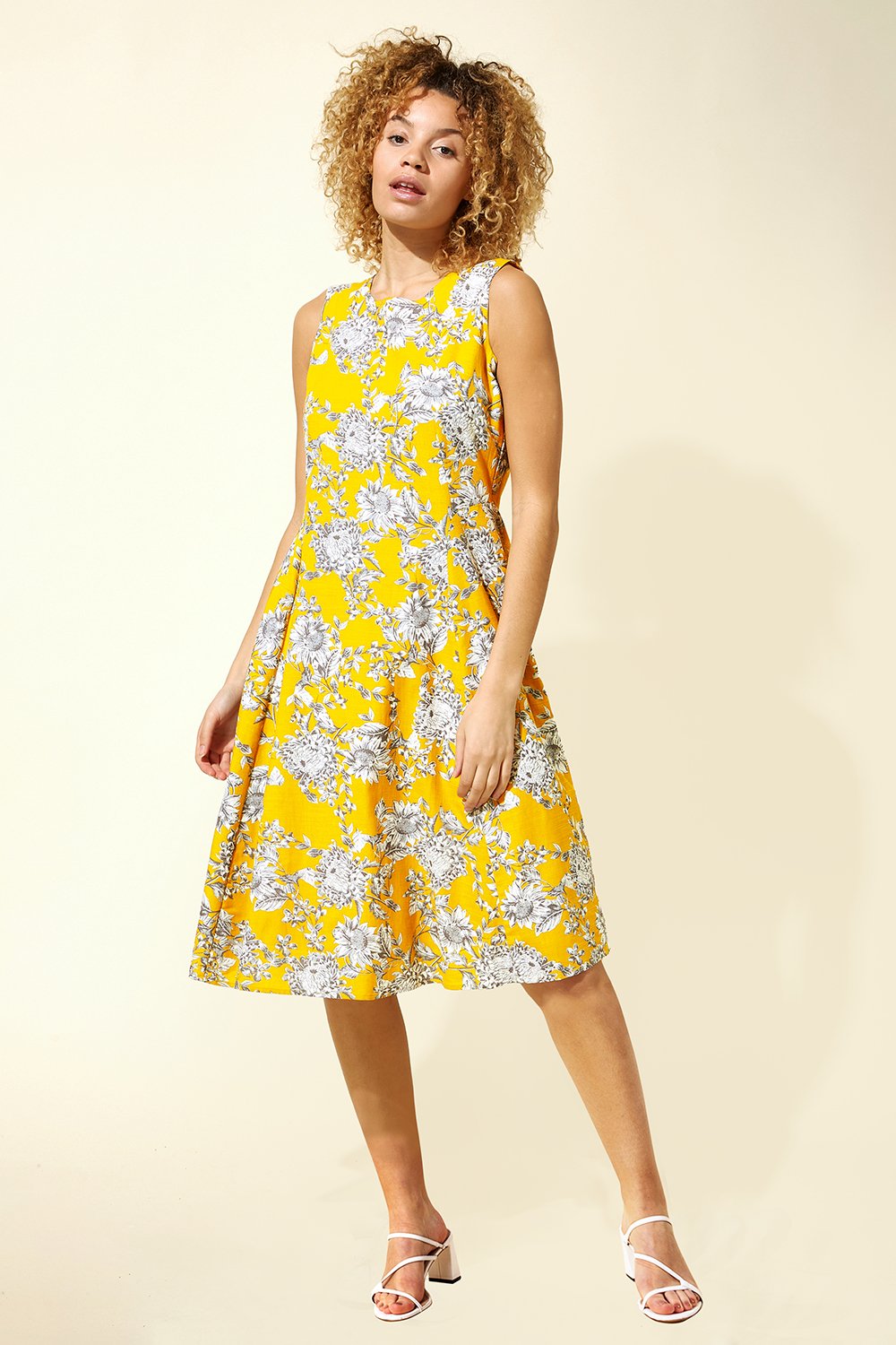 Floral Print Pleat Swing Dress in Amber - Roman Originals UK