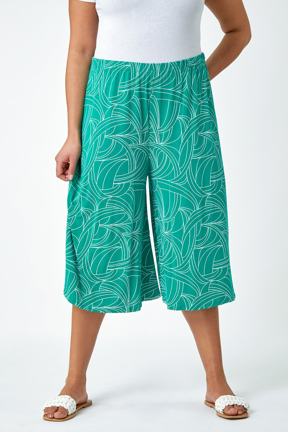 Green Curve Abstract Swirl Stretch Culottes | Roman UK
