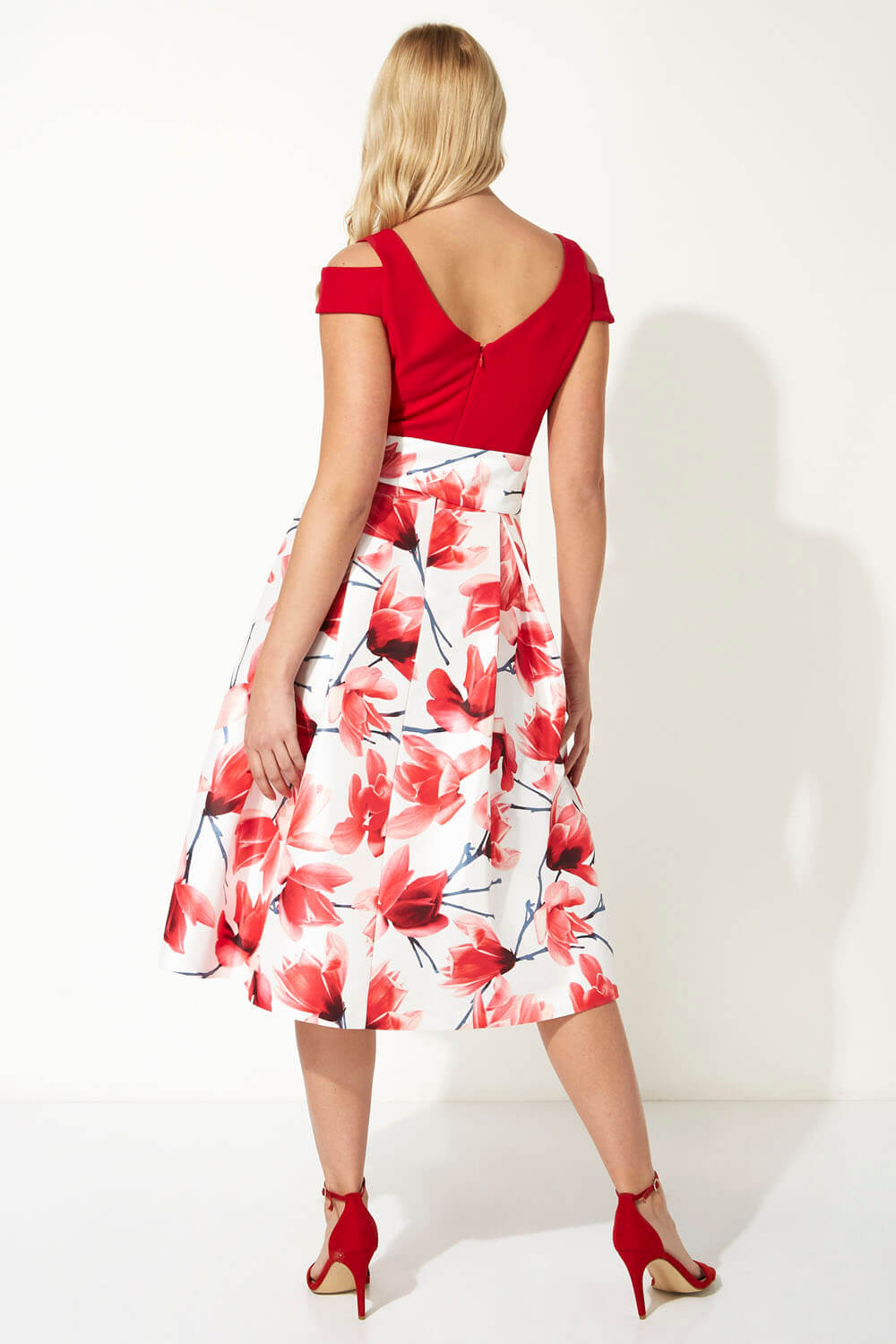 Red Floral Print Cold Shoulder Midi Dress, Image 3 of 5