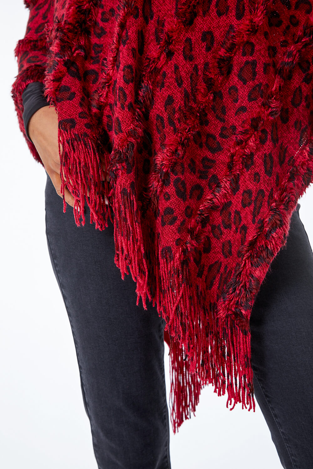 Women's Red V-Neck Poncho with Fringe Hem and Pom-Pom Detail