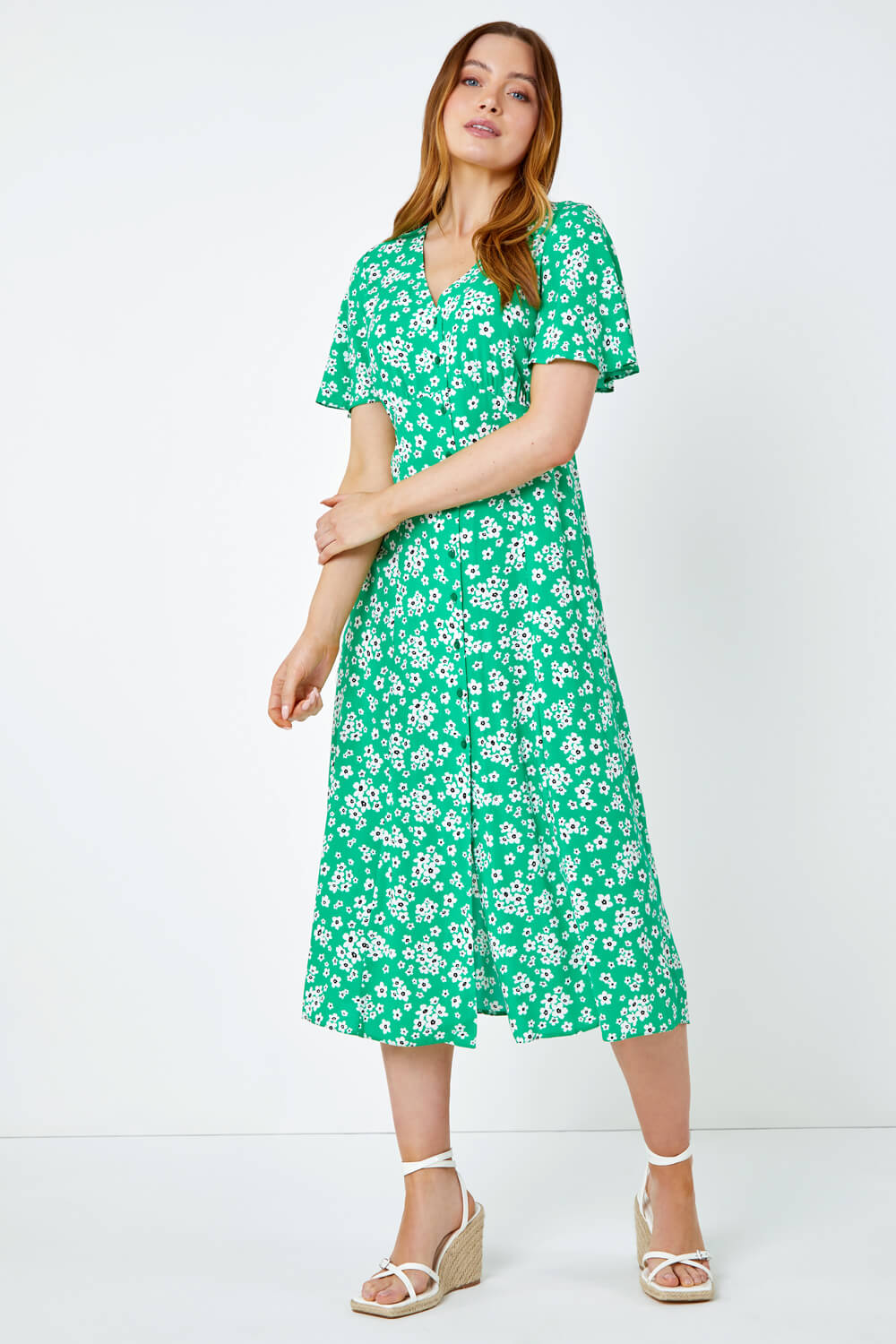 Green Floral Print Button Detail Midi Dress | Roman UK