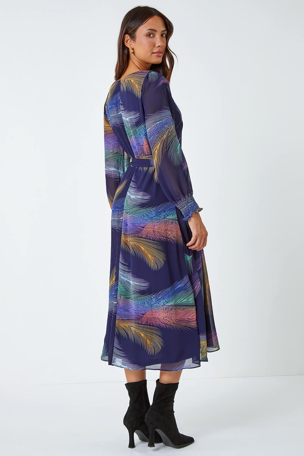 Purple Feather Print Belted Midi Dress, Image 3 of 5