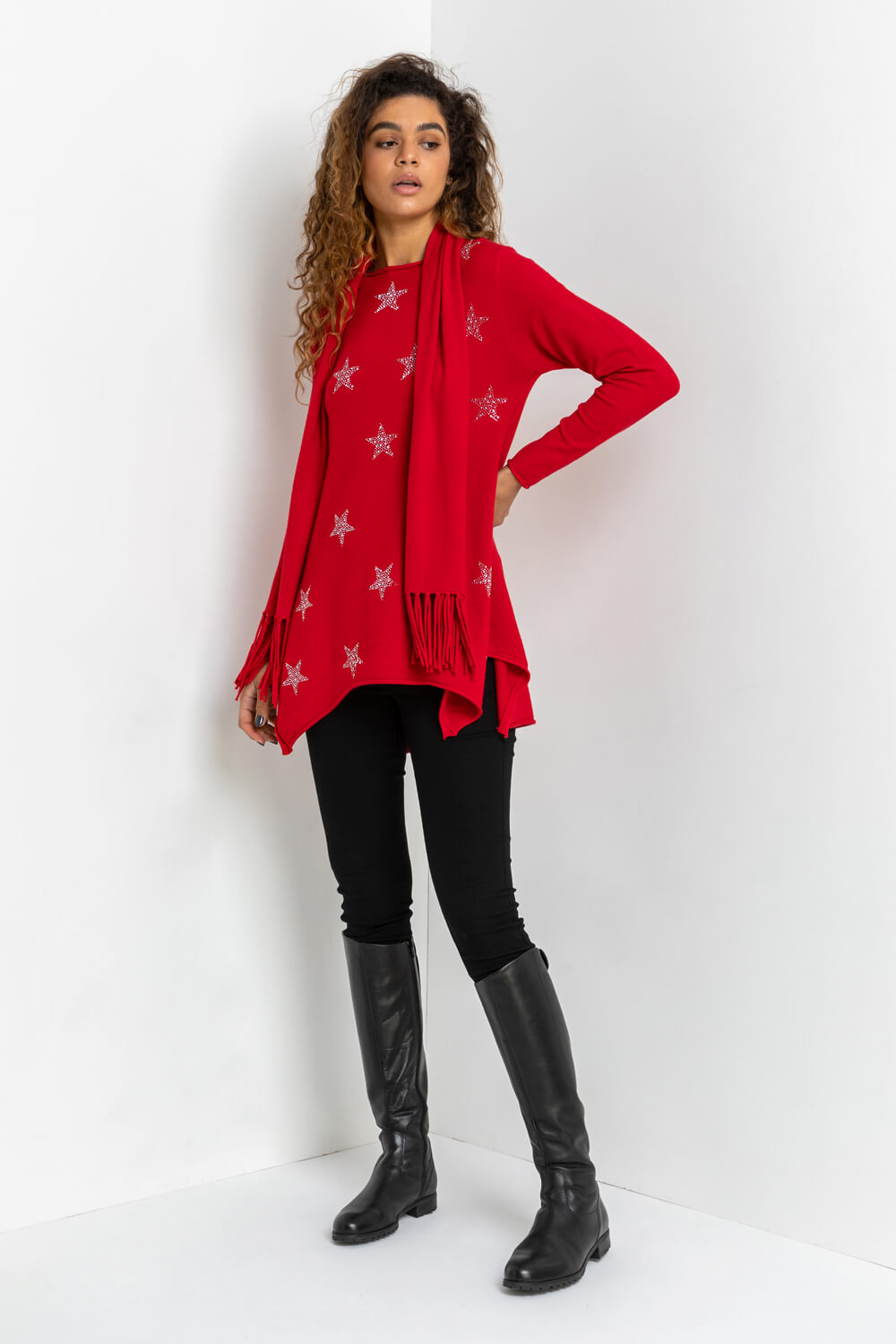 Star Print Knitted Tunic with Tassel Scarf