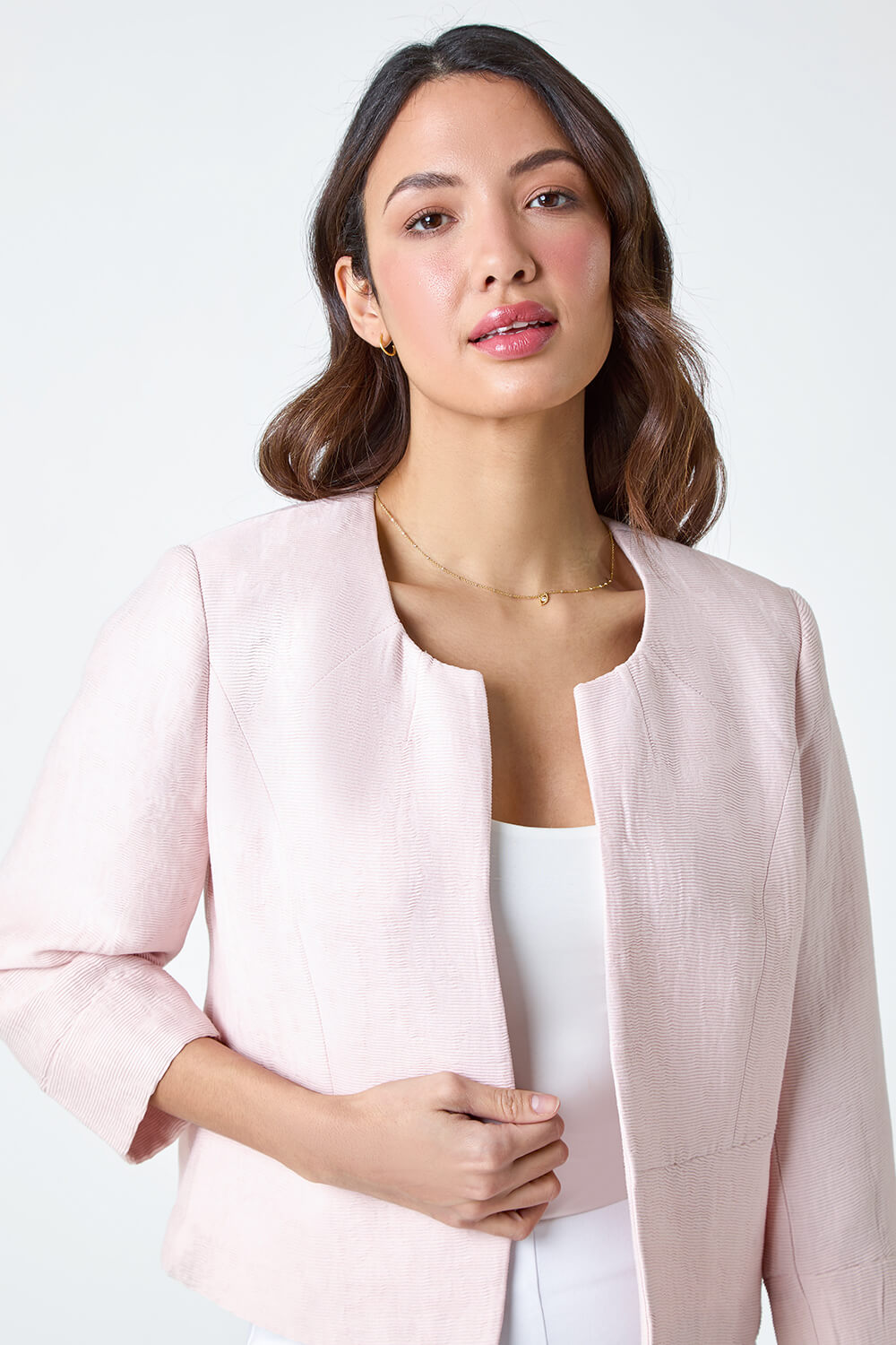Light Pink Pleated Textured Cropped Jacket, Image 4 of 5