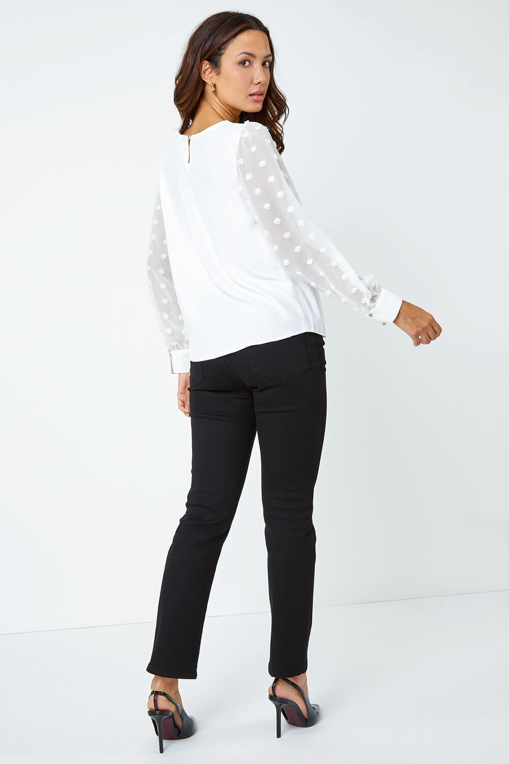 Ivory  Textured Spot Sleeve Top, Image 3 of 5