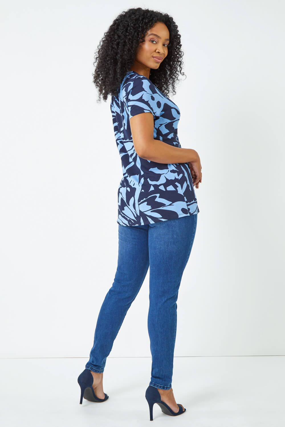 Blue Petite Twist Front Abstract Top, Image 3 of 5