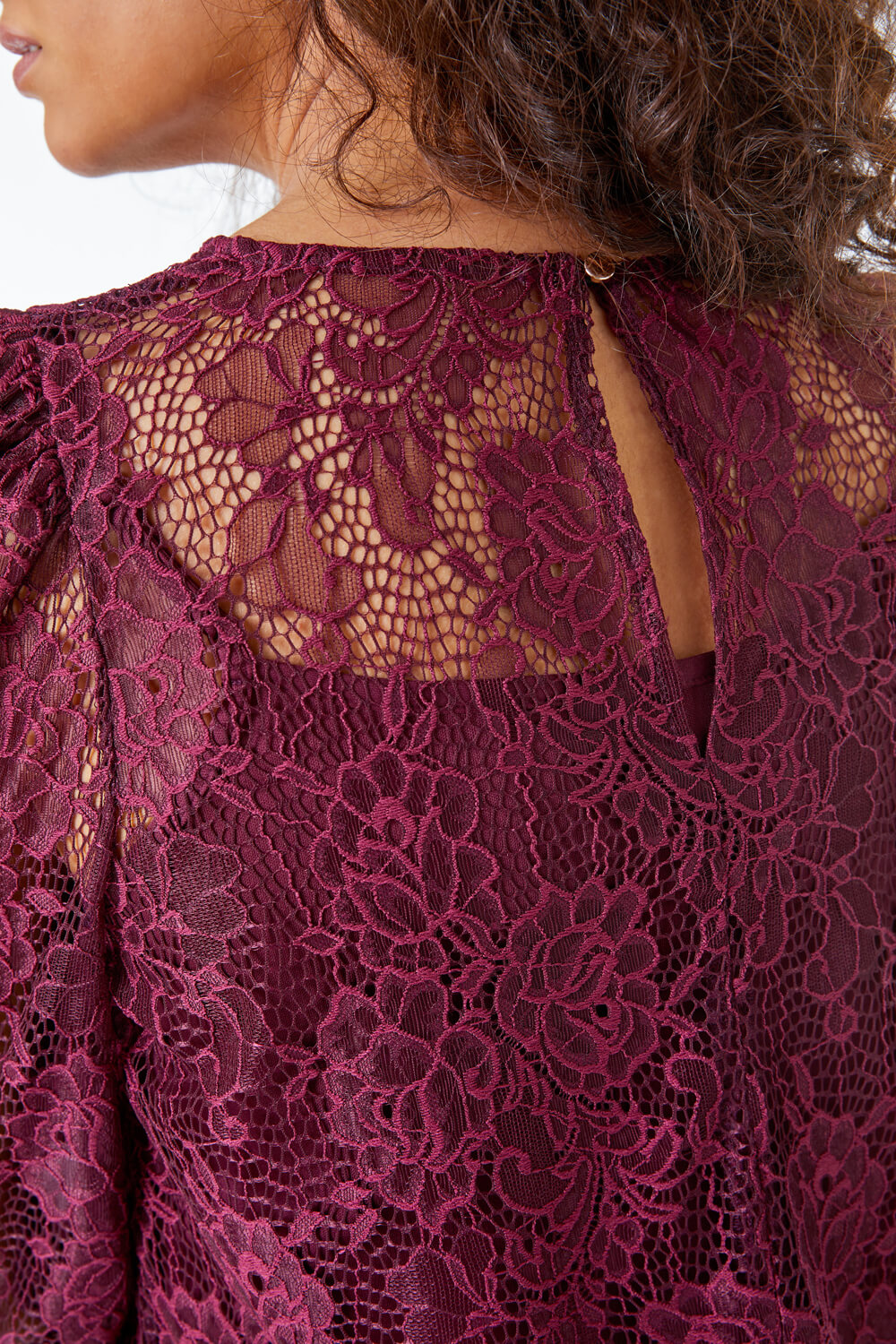 Wine Petite Puff Sleeve Lace Top, Image 5 of 5