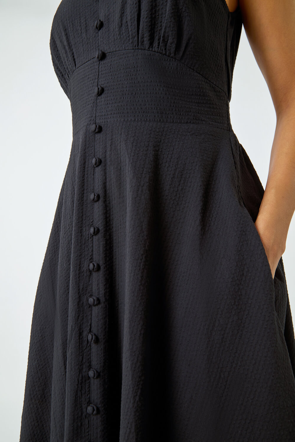 Black Sleeveless Button Detail Cotton Midi Dress, Image 5 of 5