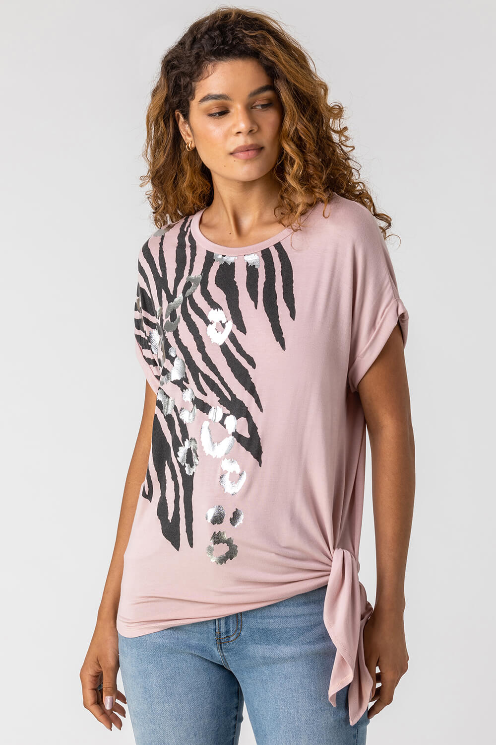 Animal Print Foil T Shirt in Light Pink - Roman Originals UK