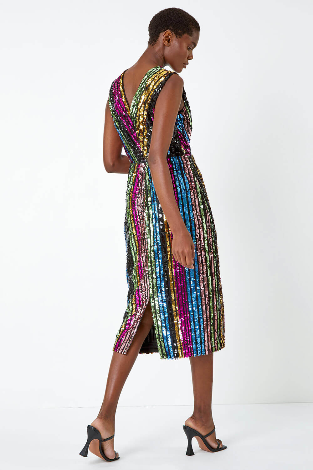 Multi  Sequin Stripe Belted Midi Dress, Image 4 of 6