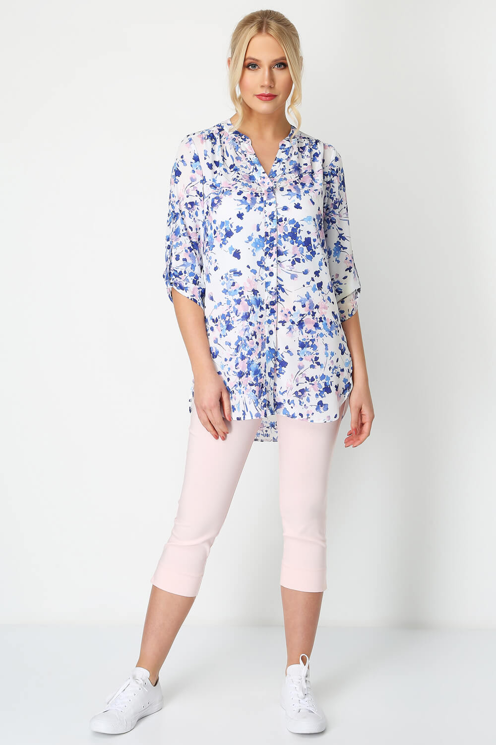 Blue Floral Print Roll Sleeve Shirt , Image 2 of 8
