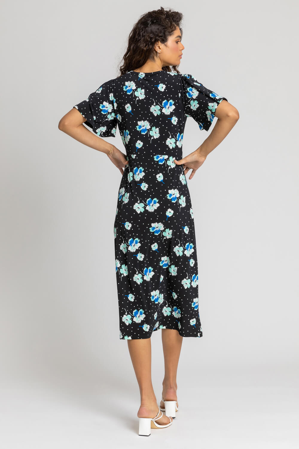 Black Spotted Floral Fit & Flare Midi Dress, Image 2 of 5