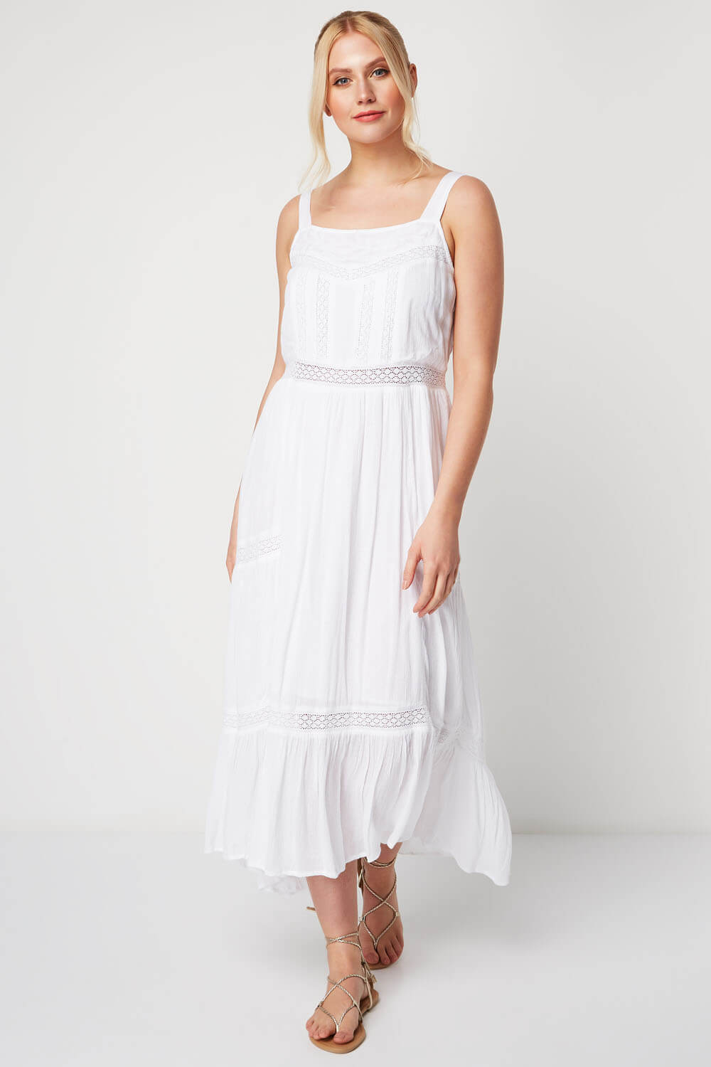 Ladder Lace Tiered Maxi Dress in White - Roman Originals UK